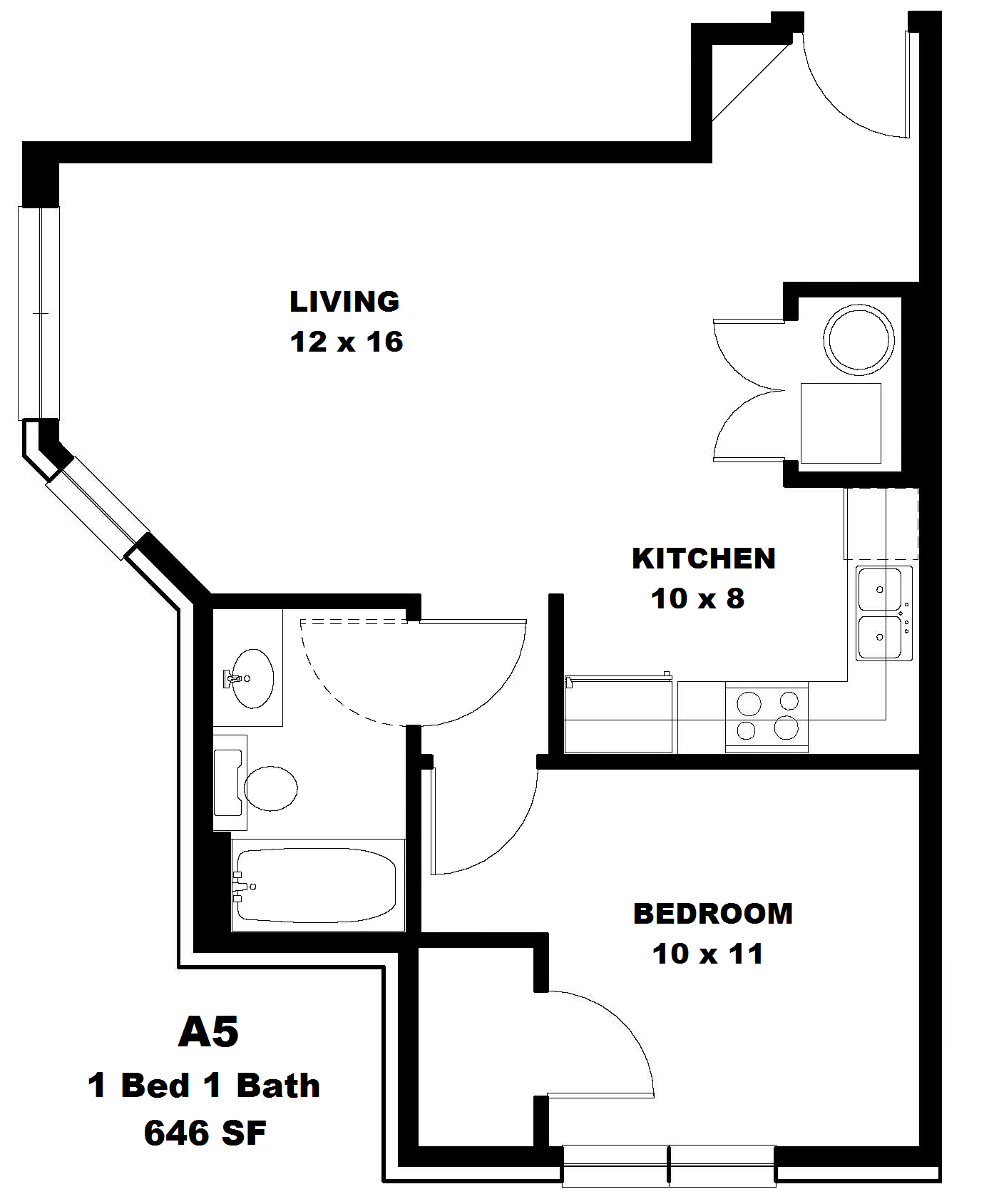Floor plan for 1 bed, 1 bath, 646 sqft